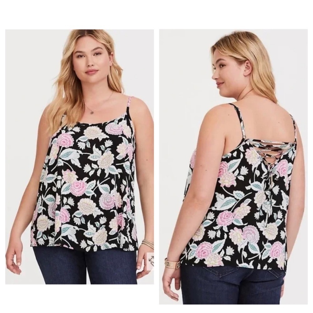 Torrid 2 Challis Lace-Up Swing Cami Black Floral